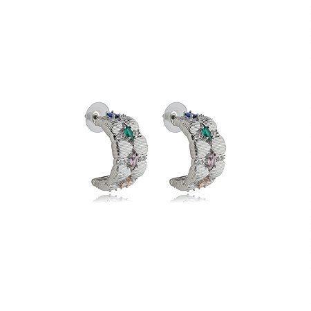 Brinco de argola cravejado de zirconia colorida banho em rodio branco