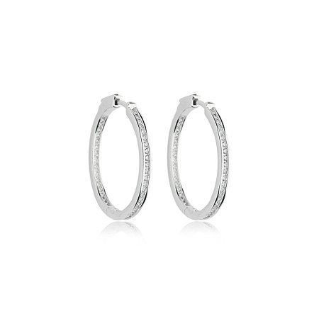 Brinco de argola cravejado de zirconia cristal banho em rodio branco