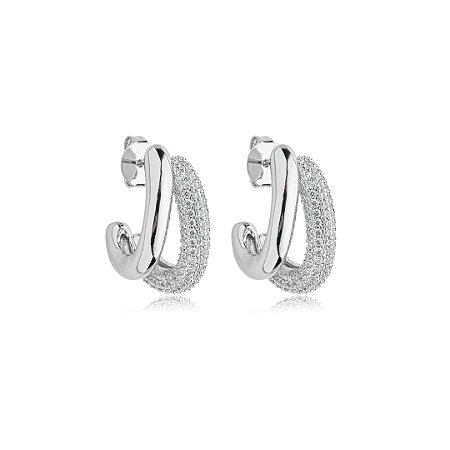 Brinco de argola cravejado de zirconia cristal banho em rodio branco