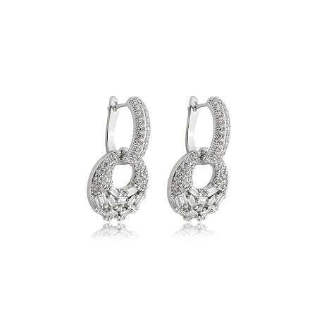 Brinco de argola cravejado de zirconia cristal banho em rodio branco