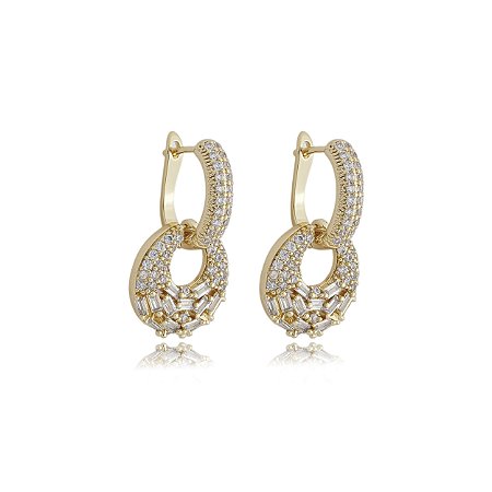 Brinco de argola cravejado de zirconia cristal banho em ouro 18k