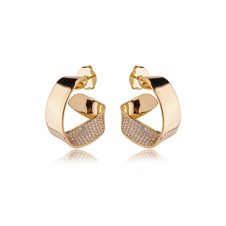 Brinco de argola cravejado de zirconia cristal banho em ouro 18k
