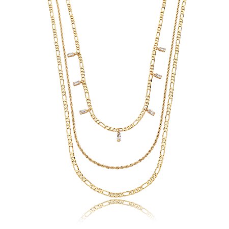 Colar de trio cravejado de zirconia cristal banho em ouro 18k