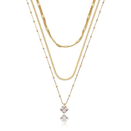 Colar de trio cravejado de zirconia cristal banho em ouro 18k