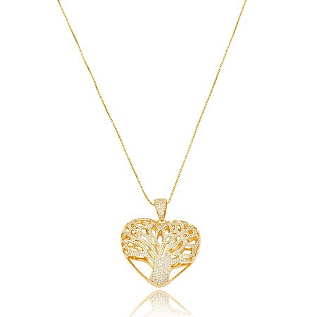 Colar com pingente de coração cravejado de zirconia cristal banho em ouro 18k