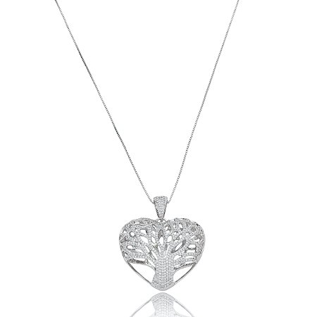 Colar com pingente de coração cravejado de zirconia cristal banho em rodio branco