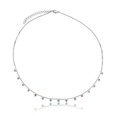 Colar cravejado de zirconia colorida banho em rodio branco