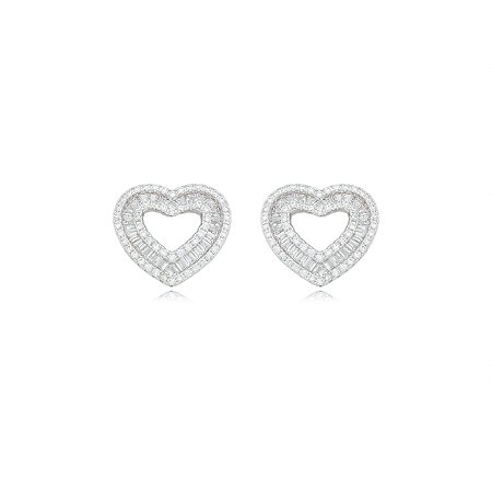 Brinco de base de coração cravejado de zirconia cristal banho em rodio branco