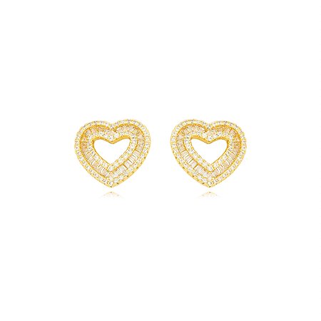 Brinco de base de coração cravejado de zirconia cristal banho em ouro 18k