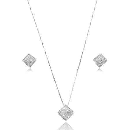 Conjunto de brinco e colar cravejado de zirconia cristal banho em rodio branco