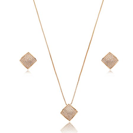 Conjunto de brinco e colar cravejado de zirconia cristal banho em rodio branco