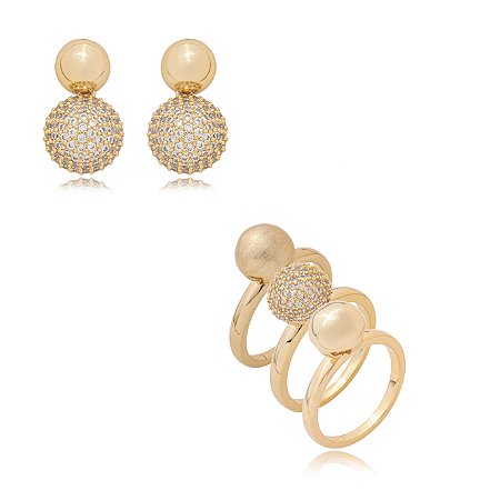 Conjunto de brinco e anel cravejado de zirconia cristal banho em ouro 18k
