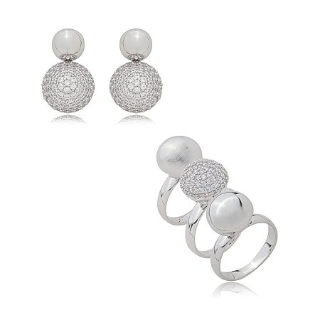 Conjunto de brinco e anel cravejado de zirconia cristal banho em rodio branco
