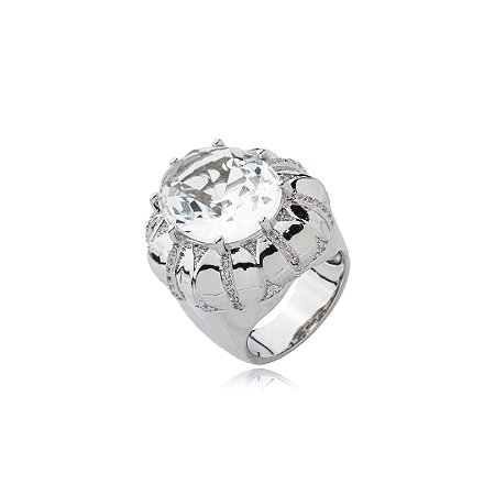 Anel cravejado de zirconia cristal banho em rodio branco