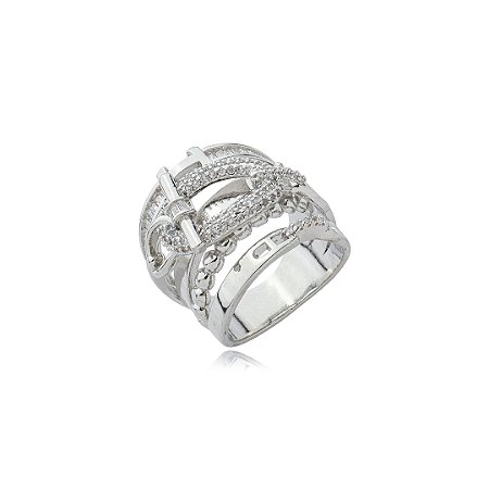 Anel cravejado de zirconia cristal banho em rodio branco