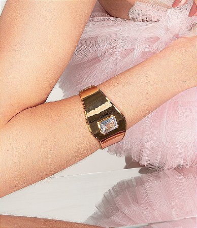 Bracelete dourado cravejado de zirconia cristal banho em ouro 18k