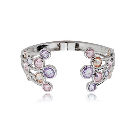 Bracelete cravejado de zirconia colorida banho em rodio branco