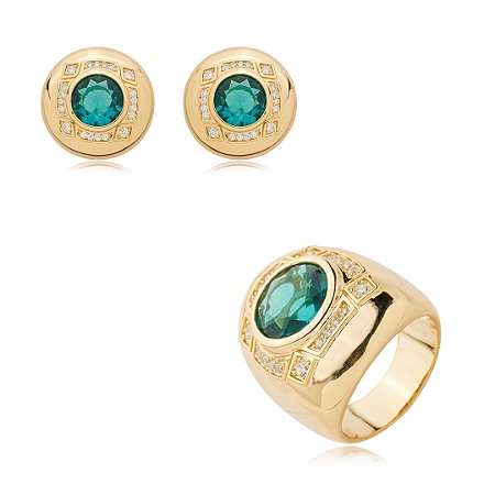 Conjunto de brinco e anel cravejado de zirconia turmalina banho em ouro 18k