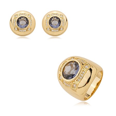 Conjunto de brinco e anel cravejado de zirconia ametista banho ouro 18k