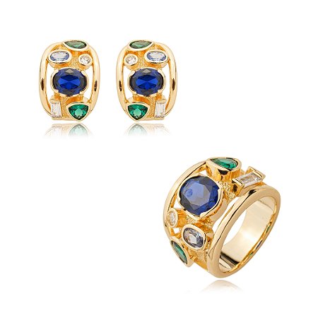 Conjunto de brinco e anel cravejado com zirconia colorida banho em ouro 18k