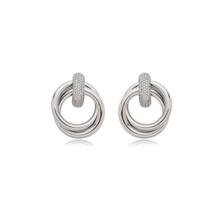 Brinco cravejado de zirconia cristal banho em rodio branco