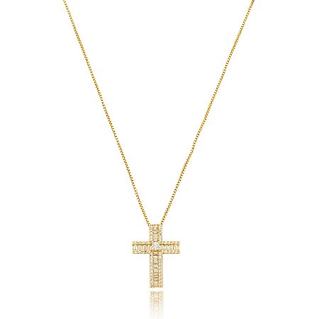 Colar com pingente cravejado de zirconia cristal banho em ouro 18k
