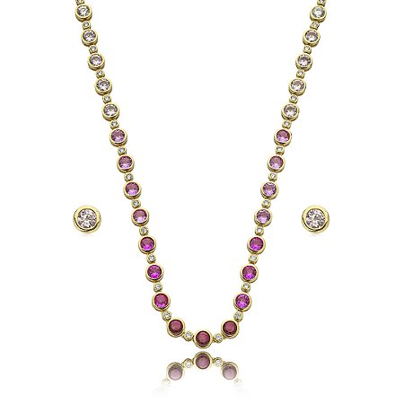 Conjunto de brinco e colar riviera cravejado de zirconia pink banho em ouro 18k