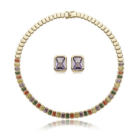 Conjunto de brinco e colar riviera cravejado de zirconia rainbow banho em ouro 18k