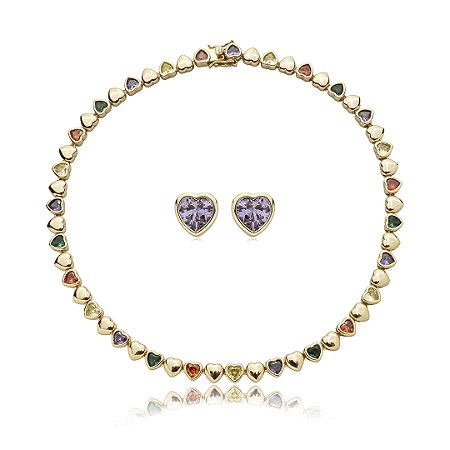 Conjunto de brinco e colar riviera de coração cravejado de zirconia rainbow banho em ouro 18k