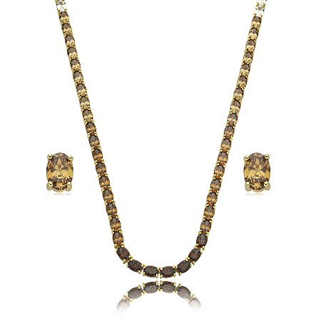 Conjunto de brinco e colar riviera cravejado de zirconia citrino banho em ouro 18k