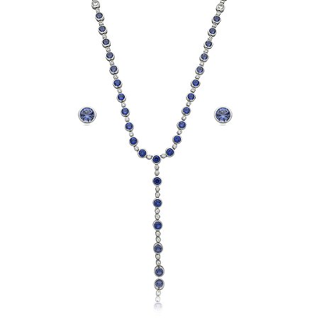 Conjunto de brinco e colar riviera gravata cravejado de zirconia safira banho em rodio branco