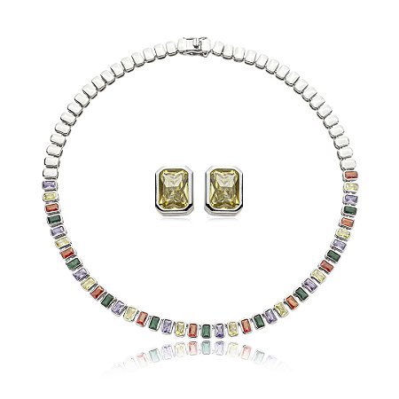 Conjunto de brinco e colar riviera cravejado de zirconia rainbow banho em rodio branco