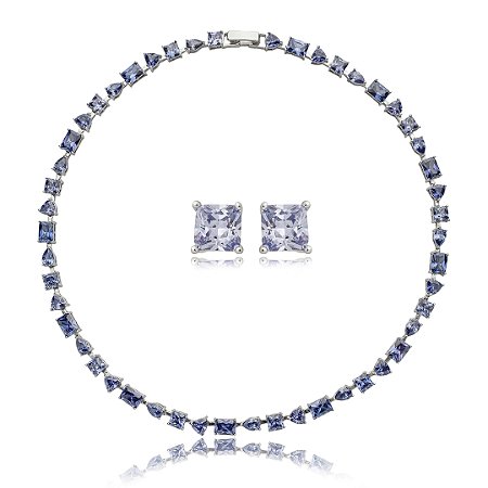 Conjunto de brinco e colar de riviera cravejado de zirconia tanzanita banho em rodio branco
