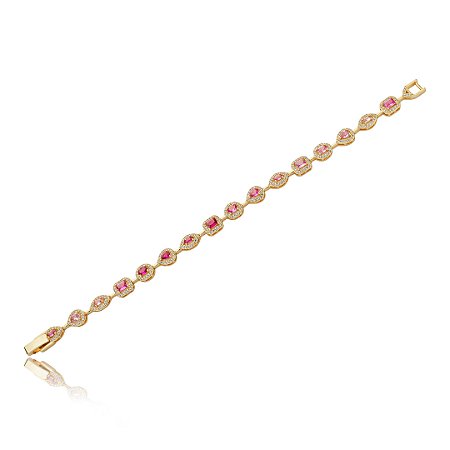 Pulseira riviera cravejada de zirconia pink banho em ouro 18k