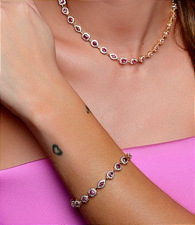 Pulseira riviera cravejada de zirconia pink banho em ouro 18k