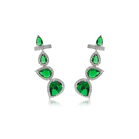 Brinco ear cuff cravejado de zirconia esmeralda banho em rodio branco