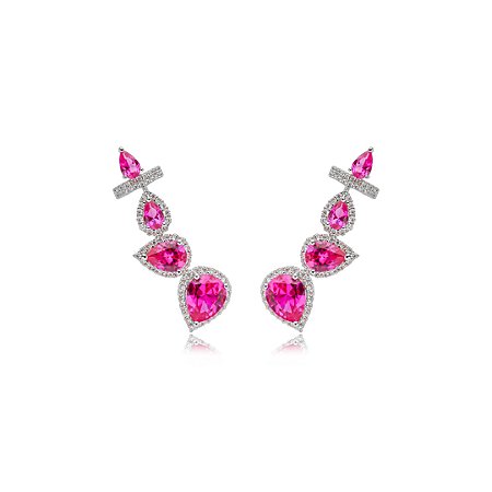 Brinco ear cuff cravejado de zirconia pink banho em rodio branco