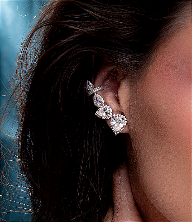 Brinco ear cuff cravejado de zirconia cristal banho em rodio branco
