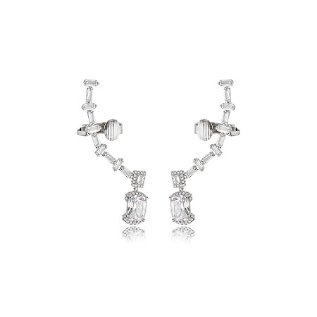 Brinco ear cuff cravejado de zirconia cristal banho em rodio branco