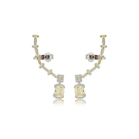 Brinco ear cuff cravejado de zirconia citrino banho em rodio branco