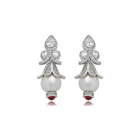 Brinco de perola cravejado de zirconia cristal banho em rodio branco