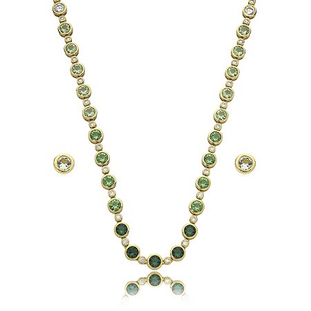 Conjunto riviera de brinco e colar cravejado de zirconia esmeralda banho em ouro 18k