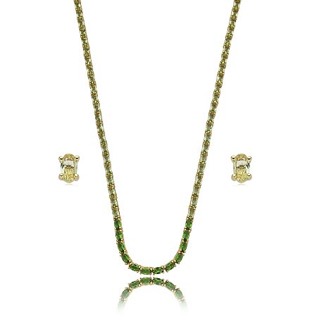 Conjunto riviera de brinco e colar cravejado de zirconia esmeralda banho em ouro 18k