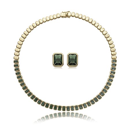 Conjunto riviera de brinco e colar cravejado de zirconia esmeralda banho em ouro 18k