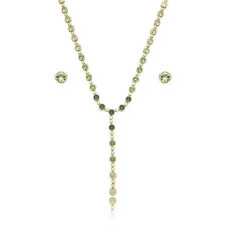 Conjunto riviera  gravata brinco e colar cravejado de zirconia esmeralda banho em ouro 18k