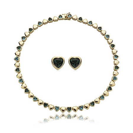 Conjunto de coração de brinco e colar cravejado de zirconia banho em ouro 18k