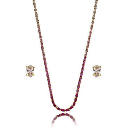 Conjunto riviera de brinco e colar cravejado de zirconia pink banho em ouro 18k