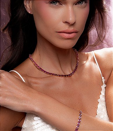 Conjunto riviera de brinco e colar cravejado de zirconia pink banho em ouro 18k