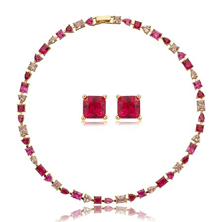 Conjunto riviera de brinco e colar cravejado de zirconia pink banho em ouro 18k