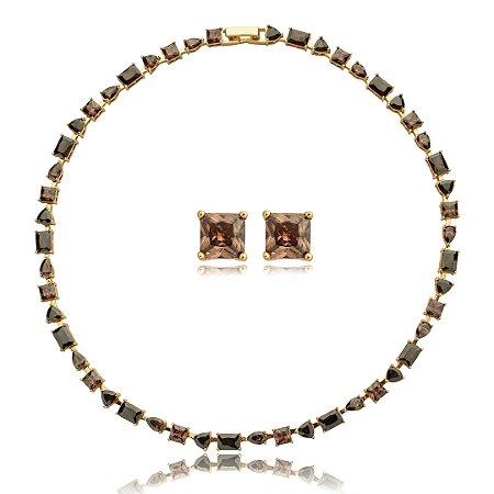 Conjunto riviera de brinco e colar cravejado de zirconia granada banho em ouro 18k